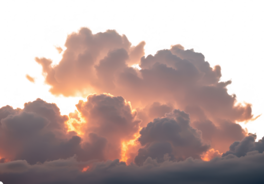 Dramatic clouds illuminated by the setting sun, creating a vibrant orange and pink glow against a dark sky isolated on transparent background