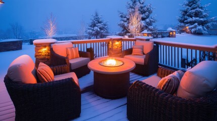 Cozy winter evening on a snowy deck with a fire pit, surrounded by soft lighting and trees