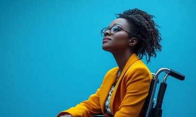 Inclusive image of a disabled corporate black African American businesswoman in a wheelchair, set against a blue background, celebrating diversity and empowerment in the workplace, Generative AI