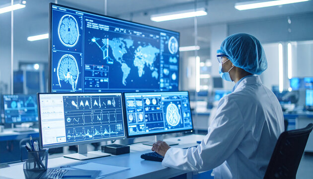 Medical Professional Analyzing Data: A skilled medical professional, clad in a sterile coat and cap, meticulously analyzes complex medical data on cutting-edge monitors within a modern laboratory.