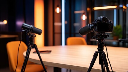 Two cameras and microphones set up on a table in a modern studio for a video recording session