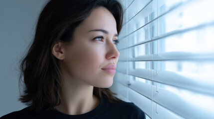Lonely woman feeling unsafe, looking outside through blinds.