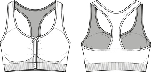 Women’s racerback sports bra technical sketch front and back views, front zipper closure, wide elastic band, bow detail, support structure lines, minimalist garment illustration