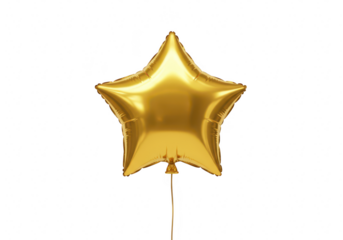 A shiny gold starshaped balloon floats upwards, isolated on a clean transparent background
