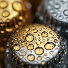 Close up of water droplets on a golden sphere isolated on white background