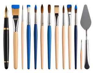 A collection of art supplies, featuring various paintbrushes, a fountain pen, and a palette knife, arranged in a row against a white background.