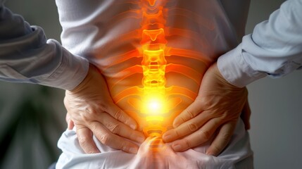 Back pain. Person holding lower back, overlaid with glowing spinal column. Focus on source of pain