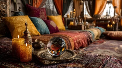 Cozy and mystical fortune teller tent interior with colorful fabrics and a crystal ball