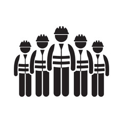 Team of construction workers wearing safty hats and safety vests standing together