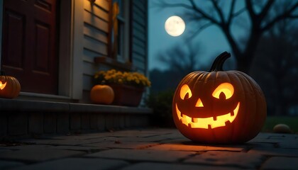 Classic glowing jack-o'-lantern smiling on porch under moonlight for Halloween celebration