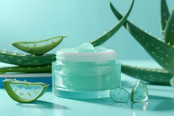 Cooling Aloe Vera Gel Jar with Fresh Cut Leaf