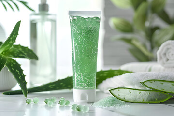 Aloe Vera Exfoliating Gel Tube with Fresh Leaves