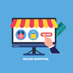 Online shopping and e-commerce concept depicted on computer screen with shopping bag