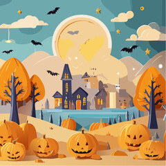 Happy Halloween Night Landscape, Paper cut style