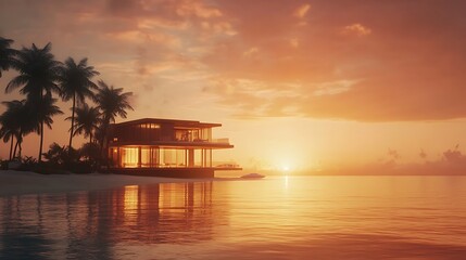 Sunset haze framing warmly glowing island home