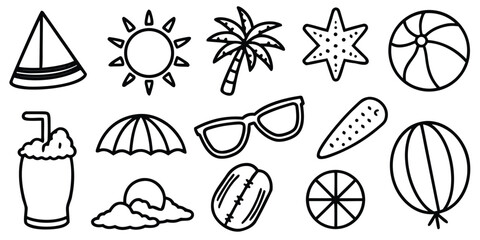 Fototapeta premium Collection of hand drawn summer beach vacation icons in silhouette isolated on white background
