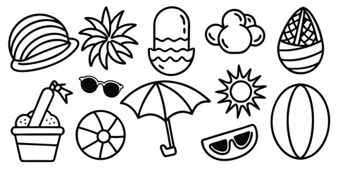 Collection of summer beach vacation icons and symbols silhouette isolated on white background