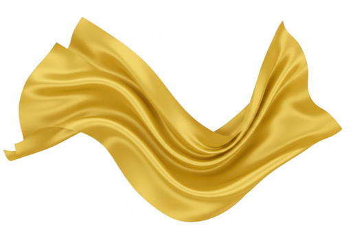 A luxurious golden silk fabric gracefully flowing and waving, isolated on a transparent background
