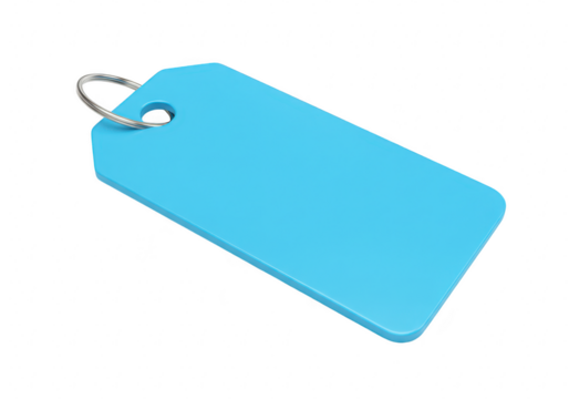 A bright blue blank tag with a silver ring, isolated on a transparent background, perfect for branding