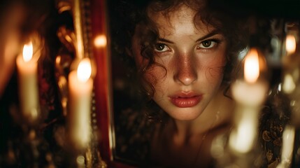 Fototapeta premium Mysterious woman gazing into an antique mirror by candlelight