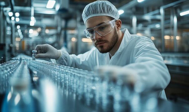 Pharmacist scientist with sanitary gloves examining medical vials on a production line conveyor belt in a pharmaceutical factory, ensuring quality control in mass production, Generative AI