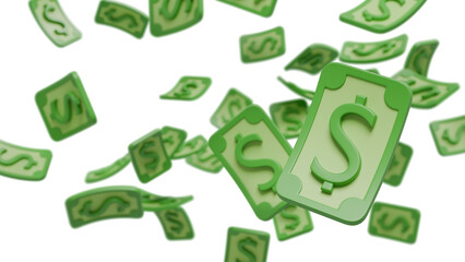 Flying Cartoon Dollar Bills – 3D Animated Money Rain Isolated on White