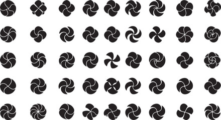 Collection of abstract swirl and floral icon concepts. Set of black geometric shapes, symbols, and pinwheel designs.