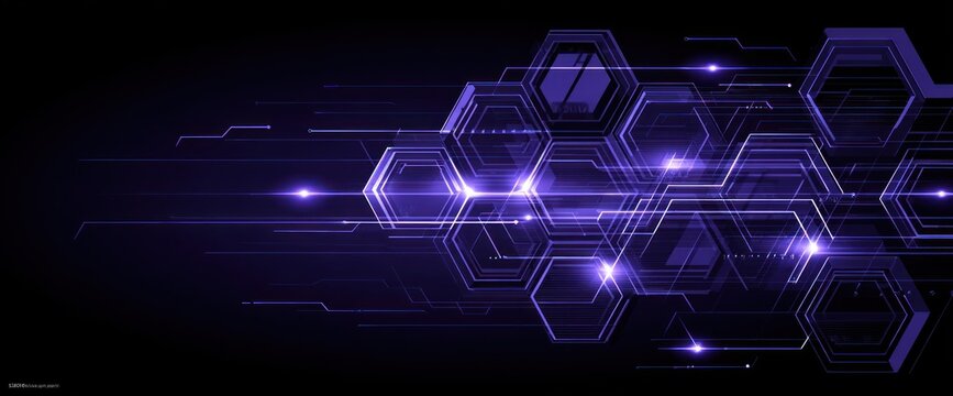 Abstract graphic design featuring interconnected hexagons and glowing lines.