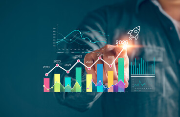 Bar line chart forecast. Business growth and future target trend analysis. Data performance, AI...