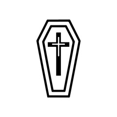 A minimalist coffin in flat brown with a white cross in the center. A clean symbolic representation of burial and horror themes.