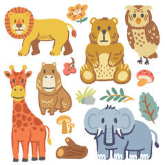 Safari Animals and Vegetation collection set, with cute elements isolated on white, baby kids nursery, vector design