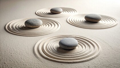 Four smooth, grey stones rest on meticulously raked, circular patterns in sand.