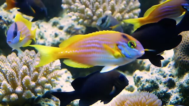 Close Up Twostripe Hogfish Swimming Near Coral Reef Marine Life in Underwater Scene