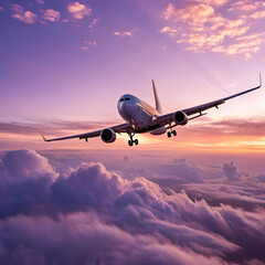 Obraz premium luxury plane reflecting soft purple clouds during twilight ascent