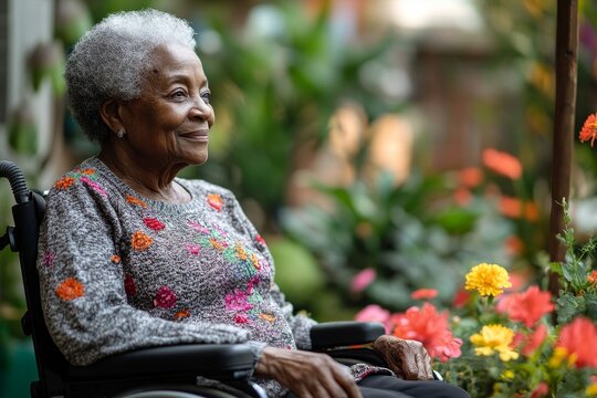 Happy elderly black woman in a wheelchair, gardening and planting flowers, inclusivity and showcasing a healthy, active senior African American lifestyle, Generative AI
