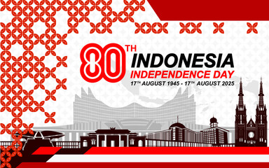 An elegant template design to commemorate Indonesia Independence Day, Indonesia's 80th Anniversary 2025. with batik motifs and silhouettes of Indonesian landmarks.