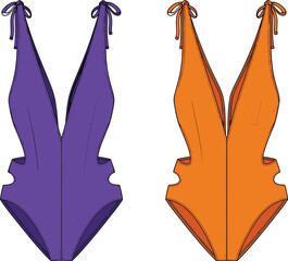 Set of stylish women’s swimsuits in purple and orange, deep V-neck design with cut-out sides and tie straps, fashionable summer beachwear illustration