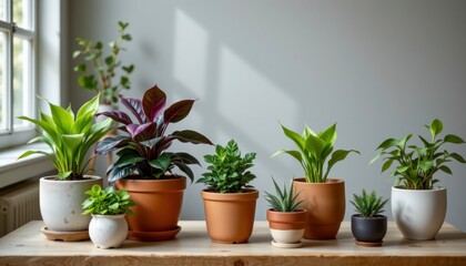 Fototapeta premium Indoor Plant Arrangement on Wooden Table with Natural Light in Modern Living Space