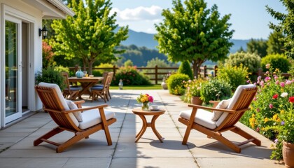 Cozy Outdoor Patio with Lounge Chairs and Beautiful Garden Landscape in Bright Daylight