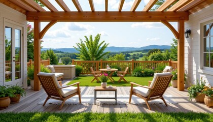 Obraz premium Cozy Backyard Patio with Stylish Lounge Chairs and Scenic Mountain Views on a Sunny Day