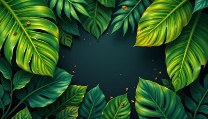 Naklejka premium Lush Tropical Green Leaves Frame for Creative Design with Dark Background and Text Space