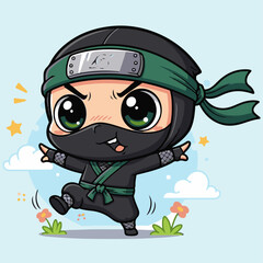 Playful Chibi Cartoon Ninja Character with Green Attire