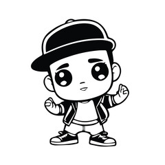 Obraz premium Cartoon boy in a baseball cap and jacket, posing dynamically. Young male character in urban style attire with a casual stance. Cool character illustration -