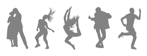Diverse group of people dancing and celebrating in silhouette against a black background
