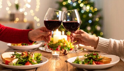 Cozy Christmas dinner wine toast with candlelight and festive lights