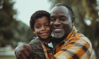 Happy African American father and son sharing an affectionate hug, spending quality family time at the park and celebrating the joys of fatherhood, Generative AI