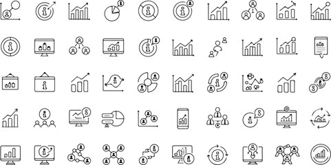 Collection of linear business and finance icons. Symbols for data analysis, market statistics, economic growth, and investment strategy concepts.