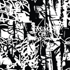 Graffity wall tags seamless black and white pattern. Street art monochrome collage with lettering elements in the grunge style. Fashion hand drawing texture. Vector wallpaper
