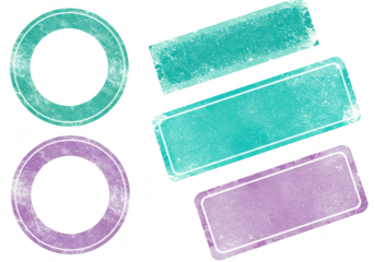 A set of distressed grunge circular and rectangular stamps in teal and purple isolated on transparent background