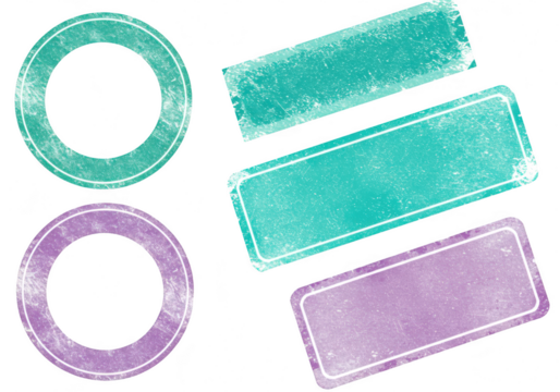 A set of distressed grunge circular and rectangular stamps in teal and purple isolated on transparent background - Powered by Adobe